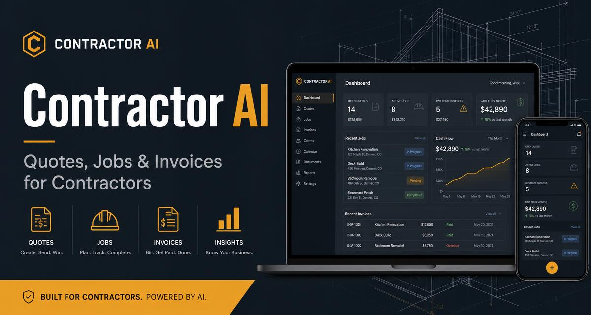 Contractor .GY AI dashboard showing open quotes, active jobs and invoices